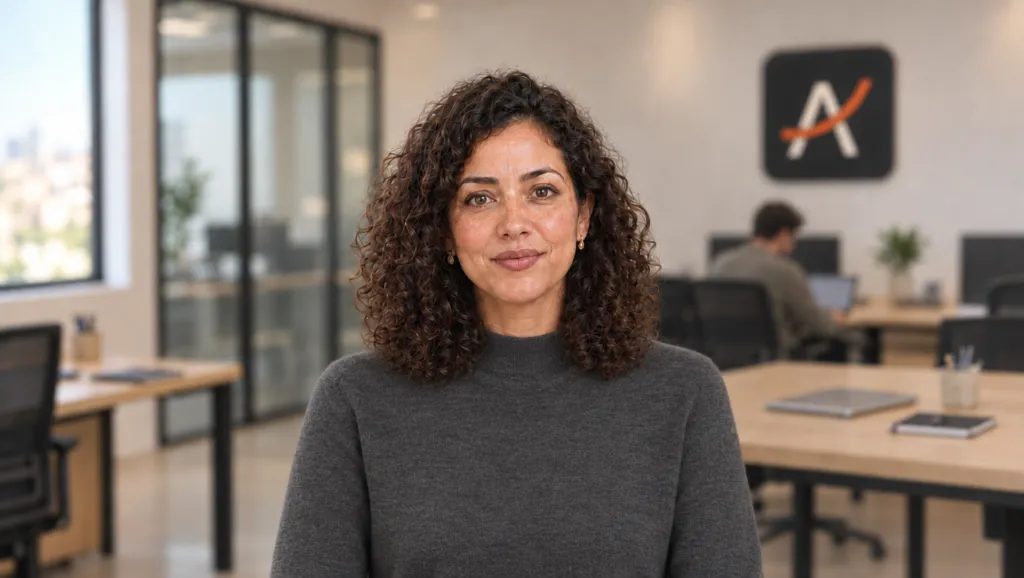 Kawtar Yaqine, enseignante AQLUMA, dans les locaux de l’équipe, avant la présentation vidéo de la méthode
